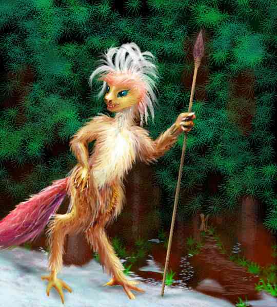 A raptor leaning on a spear. Raptors are a marsupial feathered dinosaurian people of Serrana, an experimental world-model.