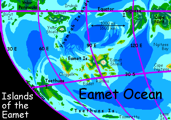 Map of the central Eamet Ocean on Serrana, an experimental world-model, a hybrid of Earth and Mars.