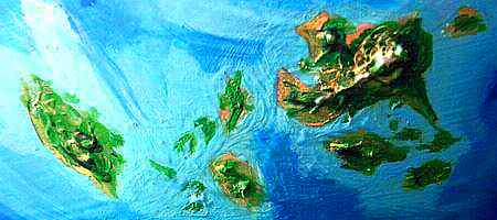 Orbital photo of the Eamet Archipelago on Serrana, an experimental model of a small, dry, but viable planet.