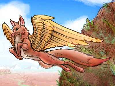 A flying fox, a six-limbed species resembling a red fox with hawk wings. Intelligent pack animals. Native of Serrana (a world-building experiment). Image based on a line drawing by Eric Elliot of VCL.