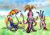 a hexapod family: three land-adapted, six-limbed octopus-like people, posed on a savanna with cane, umbrella and grass skirts.