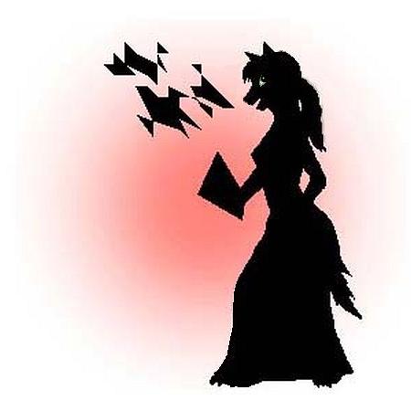 Silhouette of a dog-girl reciting a poem or speech.