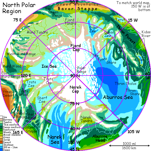 A map of the north polar region of Serrana, an experimental planet-model mixing Terran and Martian features. Small seas separate two Greenlandic ice caps ringed by tundra and boreal forest.