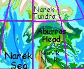 Map of Aburros Head, a northern subcontinent on Serrana, an experimental climatological hybrid of Earth and Mars.