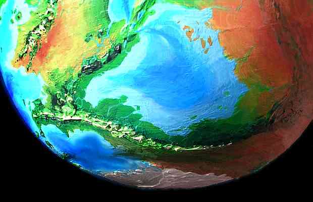 Orbital photo of the Leas Sea basin on Serrana, an experimental world-model mixing traits of Earth and Mars.  Click to enlarge.