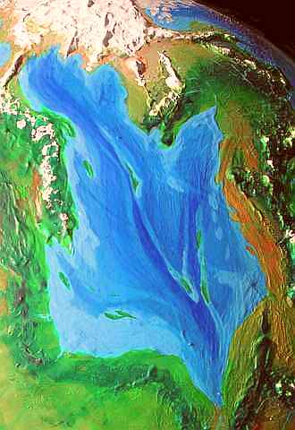 Orbital photo of the Narek Sea, a shallow landlocked leaf-shaped sea on Serrana, an experimental climatological hybrid of Earth and Mars.  Click to enlarge.