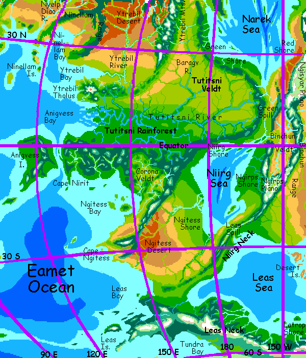 Map of the eastern shore of the Eamet Ocean on Serrana, an experimental world-model, a hybrid of Earth and Mars.