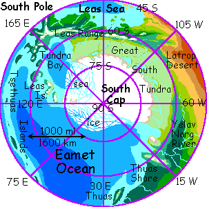 Map of the south pole on Serrana, an experimental world-model, a hybrid of Earth and Mars.