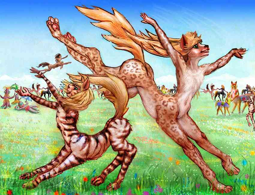 Two taurlopes dancing at a spring festival. A tiger-striped girl and leopard-spotted woman dance in foreground. They look like lightly built, deerlike centaurs with somewhat equine heads. Background: multispecies crowd on a savanna plain, with snowy peaks on horizon.