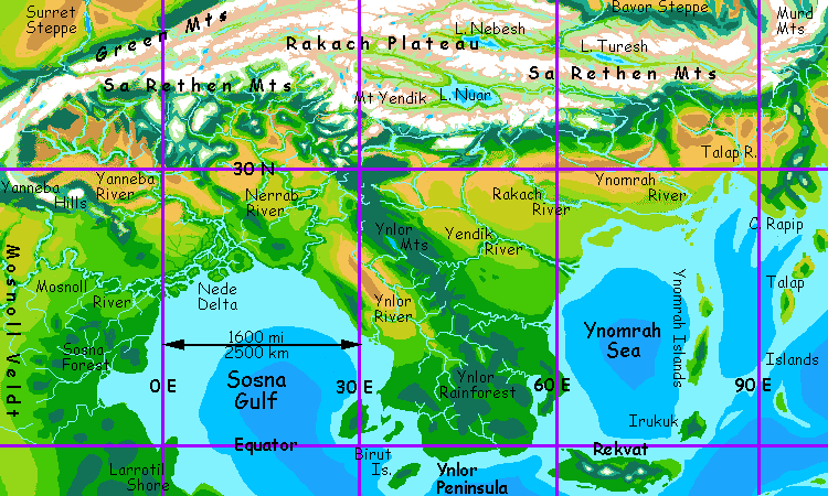 A map of the Rakach Plano, a Tibetan plateau on Serrana, an experimental planet-model mixing Terran and Martian features.