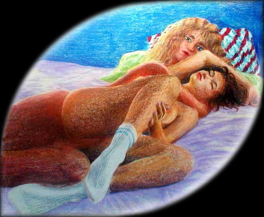 Boy and sleepy girl spooning on lavender sheets. Crayon sketch by Wayan. Click to enlarge