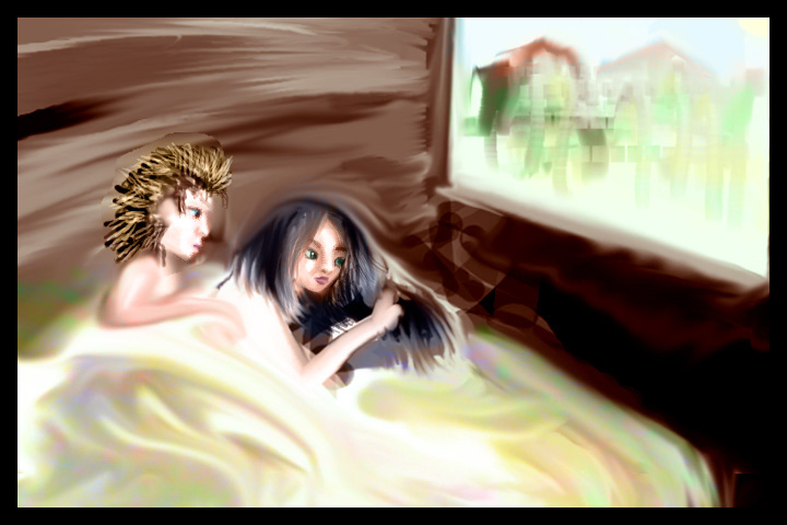 Sketch of a dream by Chris Wayan: couple curled up in bed. Click to enlarge.