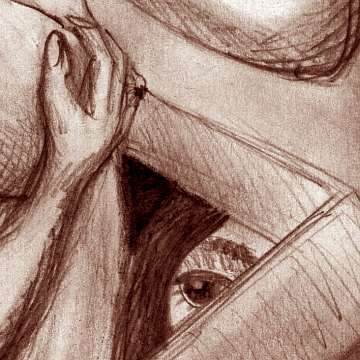 Sketch of a dream by Chris Wayan: a woman peering through a boxlike door between worlds.