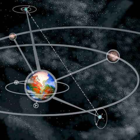 Stick-and-ball representation of a planet, its satellites, and spacelanes to neighboring worlds