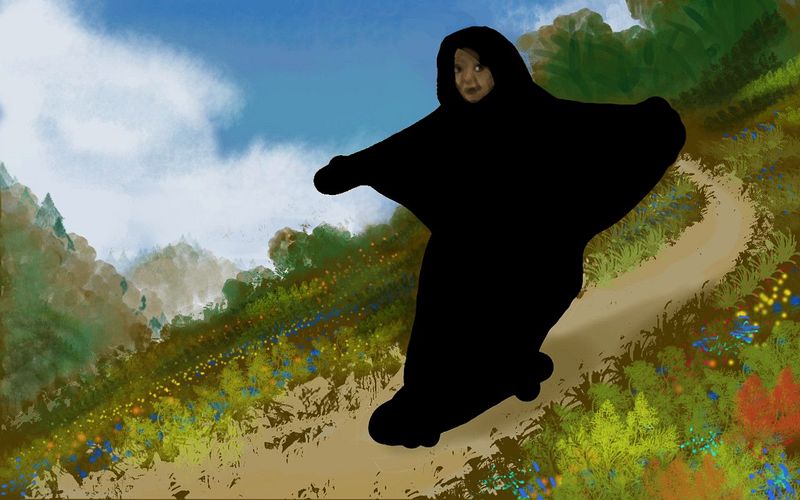 140 year old woman in a black chadoor rides a skateboard down a mountain path. Dream sketch by Wayan. Click to enlarge.