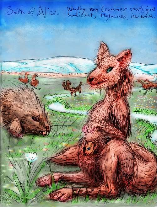 Shiveria, an alternate Earth: fauna of the Outback tundra: woolly roo, giant bandicoot, thylacines, ice emus.