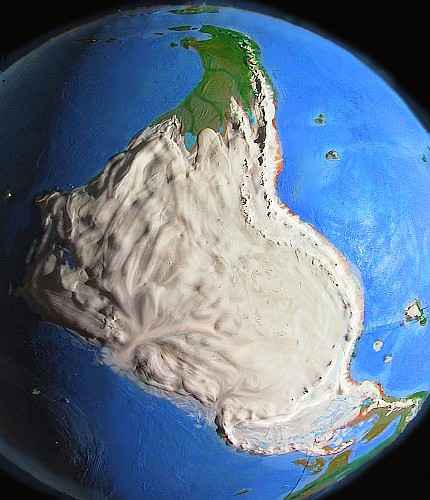 Orbital view of Shiveria, a climatologically alternate Earth: Amazonia, a glaciated polar continent corresponding to our South America. Only Patagonia, at top, is ice-free. Click to enlarge.