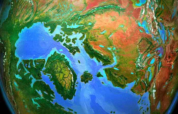 Orbital view of Shiveria, a climatologically alternate Earth: Europe and the tropical Greenland Sea.  Click to enlarge.