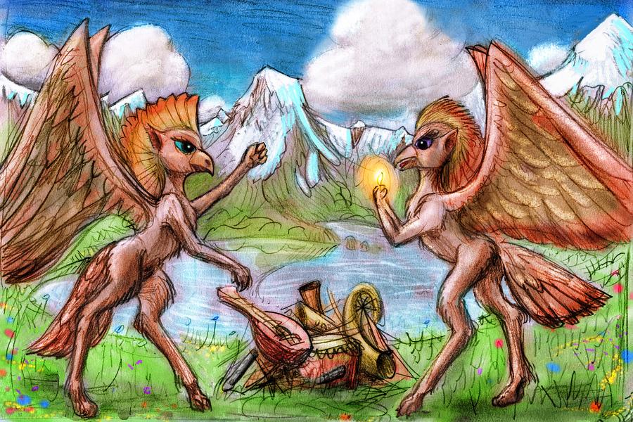 Two immature gryphons prepare to burn their traditional instruments. Dream sketch by Wayan. Click to enlarge.