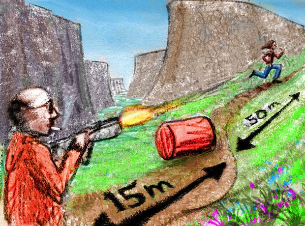 Sniper shoots at me, hits explosive barrel between us. Dream sketch by Wayan. Click to enlarge.