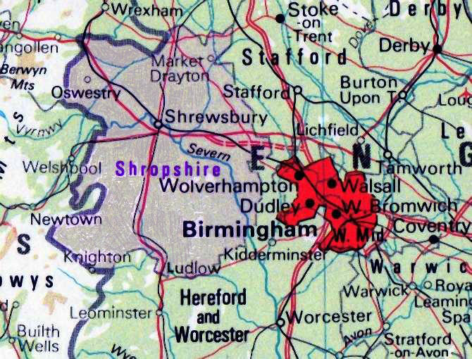 Location map of Shropshire, west of Birmingham, England.