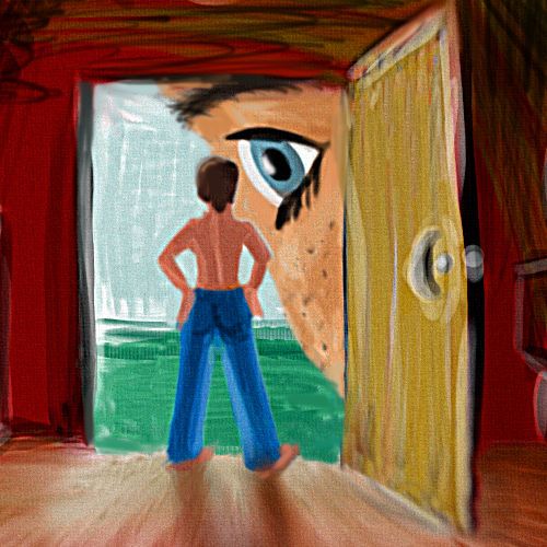 A tiny man in a dollhouse doorway bristles at a giant peering in