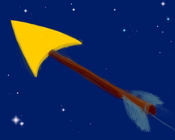 Arrow with big yellow head, trailing fishline. Dream sketch by Wayan.