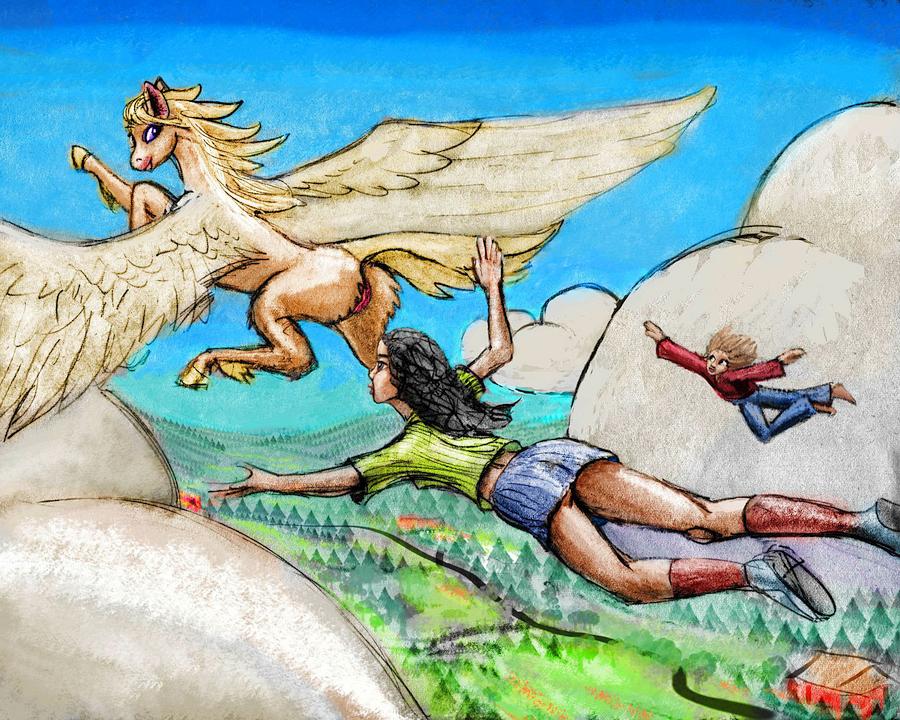 A winged mare leads two humans to a spirit world. Dream sketch by Wayan. Click to enlarge.