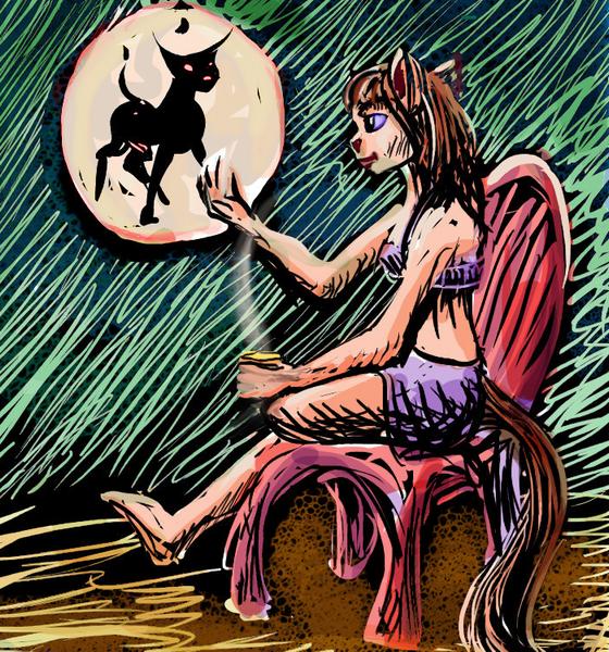Mare-girl contemplates Zen drawing of an ox. Faux woodcut by Wayan. Click to enlarge.