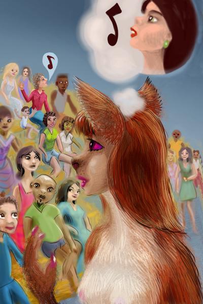 A wolflike alien girl seeks a singer she hears in a crowd. Dream sketch by Wayan. Click to enlarge.