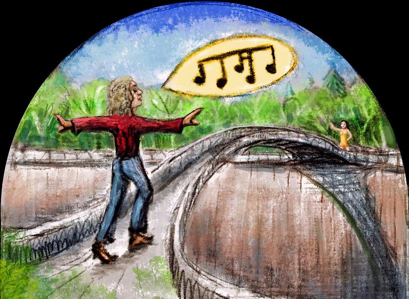 I cross a narrow bridge over a deep chasm, singing for courage. Dream sketch by Wayan. Click to enlarge.