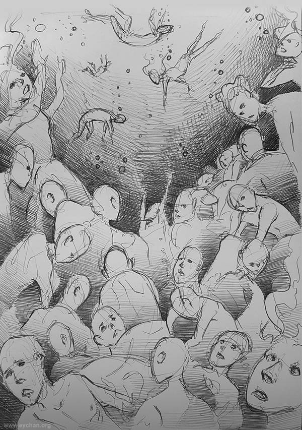 Sinking (paralyzed people drowning); dream sketch by Emily Y. Chan.