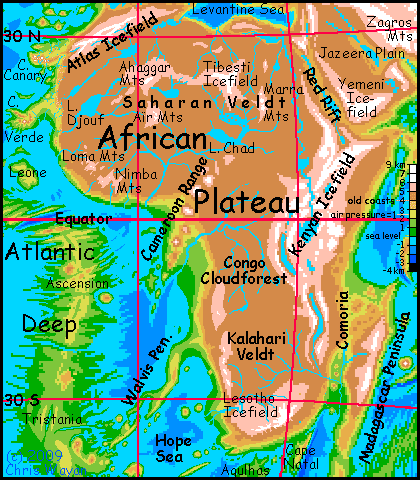 Altitude map of the African Plateau, on Siphonia, an Earth with 90% of the seas drained off.