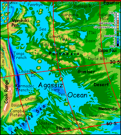 Rough altitude map of the Agassiz Basin on Siphonia, a study of the Earth with 90% of its water drained away.
