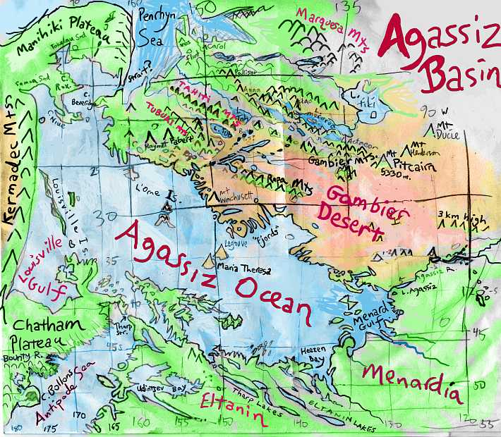 Sketch map of the Agassiz Basin on Siphonia, a study of the Earth with 90% of its water drained away.