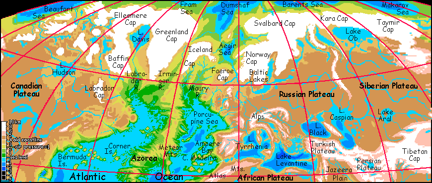 Map of the arctic region of Siphonia, a study of the Earth with 90% of its water drained away.