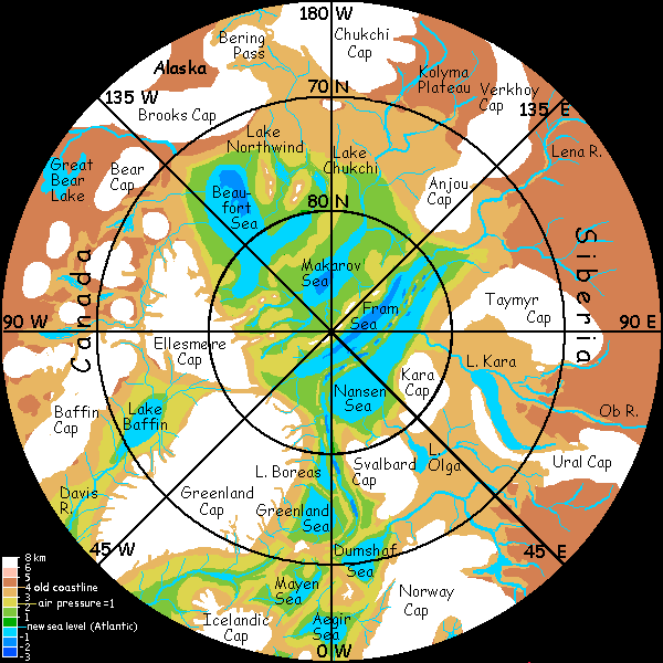 Radial map of the arctic region of Siphonia, a study of the Earth with 90% of its water drained away.