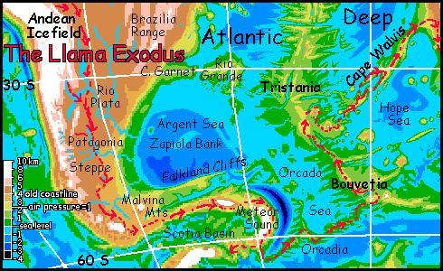 Map of the southern Atlantic Deep with the route of the Llama Exodus (crossing the Atlantic on foot) marked in red; on Siphonia, a study of the Earth with 90% of its water drained away.