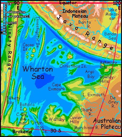 Map of the Wharton Sea on Siphonia, a study of the Earth with 90% of its water drained away.