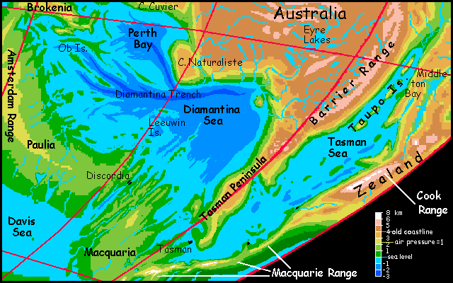 Map of the Diamantina and Tasman Seas on Siphonia, a study of the Earth with 90% of its water drained away.