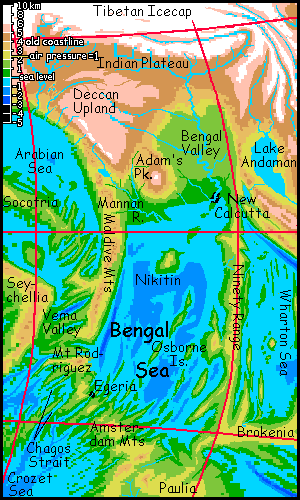Map of the Bengal Sea region of Siphonia, a study of the Earth with 90% of its water drained away.