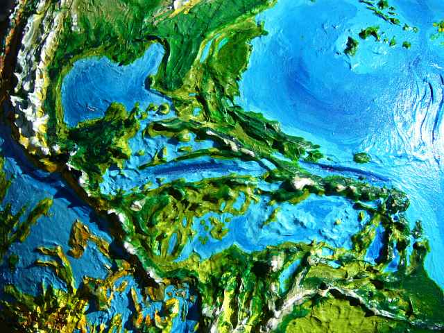 Orbital photo of the Caribbean region with 90% of Earth's water removed. Surprisingly similar, over all. The Caribbean is now two huge freshwater lakes divided by Jamaica.
