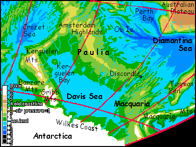 Map of the Davis Sea region of Siphonia, a study of the Earth with 90% of its water drained away.
