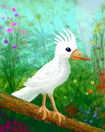 Digital sketch by Wayan of Freuda, a white crested megatoo (cockatoo with a 4-meter wingspan and a formidable command of language) smoking a cigar: a native of Siphonia, a study of the Earth with 90% of its water drained away.