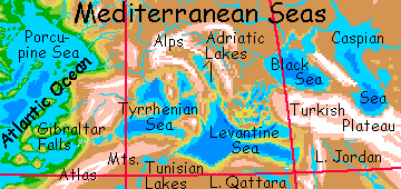 Map of the Mediterranean Seas/Lakes on Siphonia, an Earth with 90% of the water drained off.