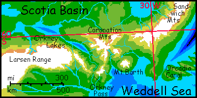 Map of the Orkney Pass region in southeast Scotia Basin south of Patagonia, on Siphonia, a study of the Earth with 90% of its water drained away.