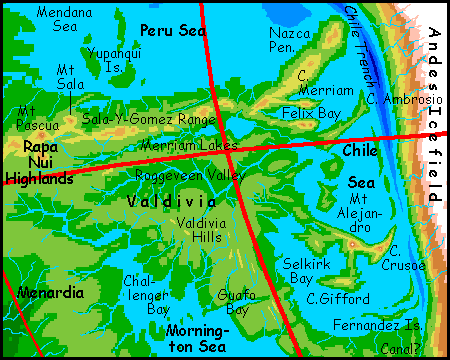 Map of the southern Nazca Basin, west of the Andes, on Siphonia, a study of the Earth with 90% of its water drained away.