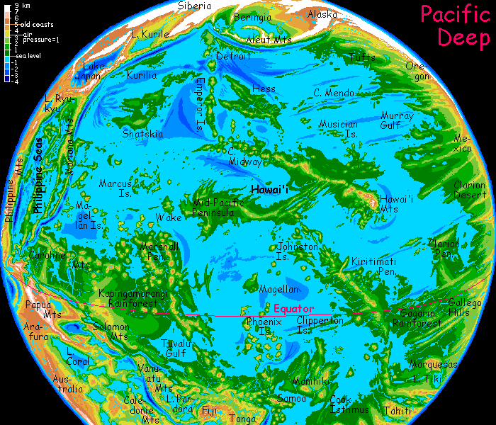 Altitude map of the Pacific Abyss on Siphonia, a study of the Earth with 90% of its water drained away. Click to enlarge and remove words.