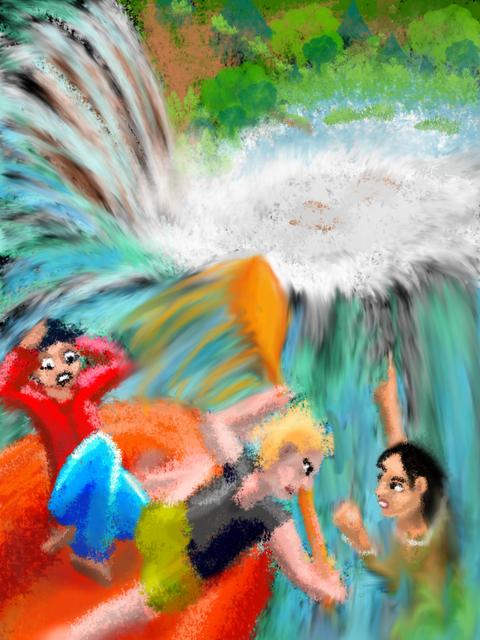Argument on a raft on the brink of a fall. Dream sketch by Wayan. Click to enlarge.
