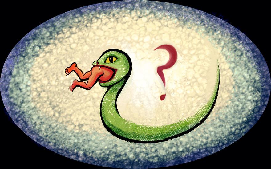 A baby's shed skin forms a snake. It swallows the baby. Dream sketch by Wayan. Click to enlarge.